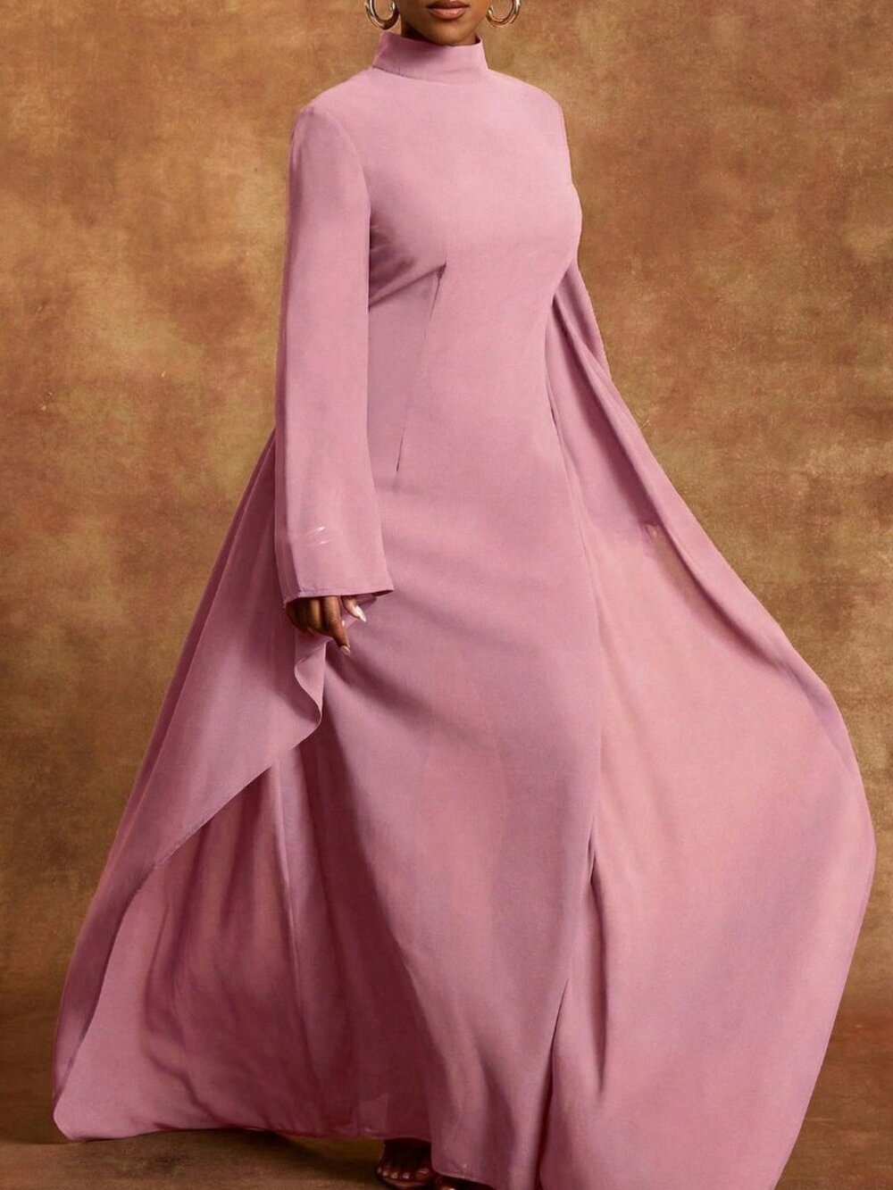 Dusty Pink Elegant Women's Chiffon Mock Neck Batwing Long Sleeve Maxi Dress